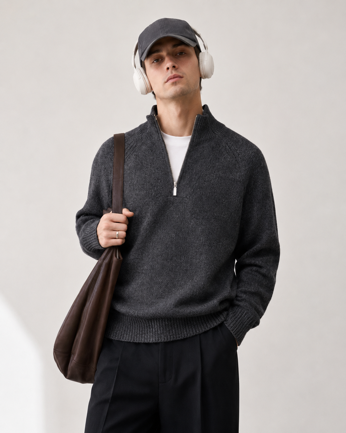 Unisex Wool Blend Half-Zip Stand Collar Sweater