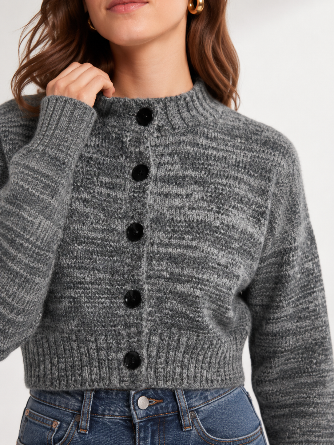 Women's Wool Blend Short Cardigan Sweater Crew Neck Button Knitwear