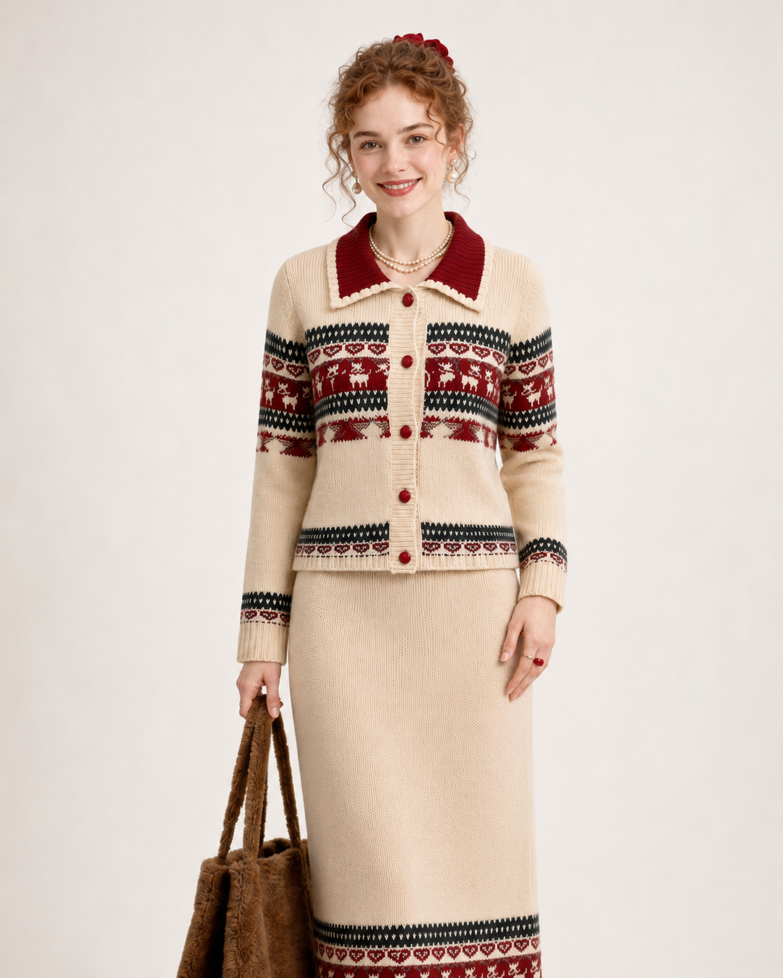 Women’s Fair Isle Knit Cardigan & Skirt Set