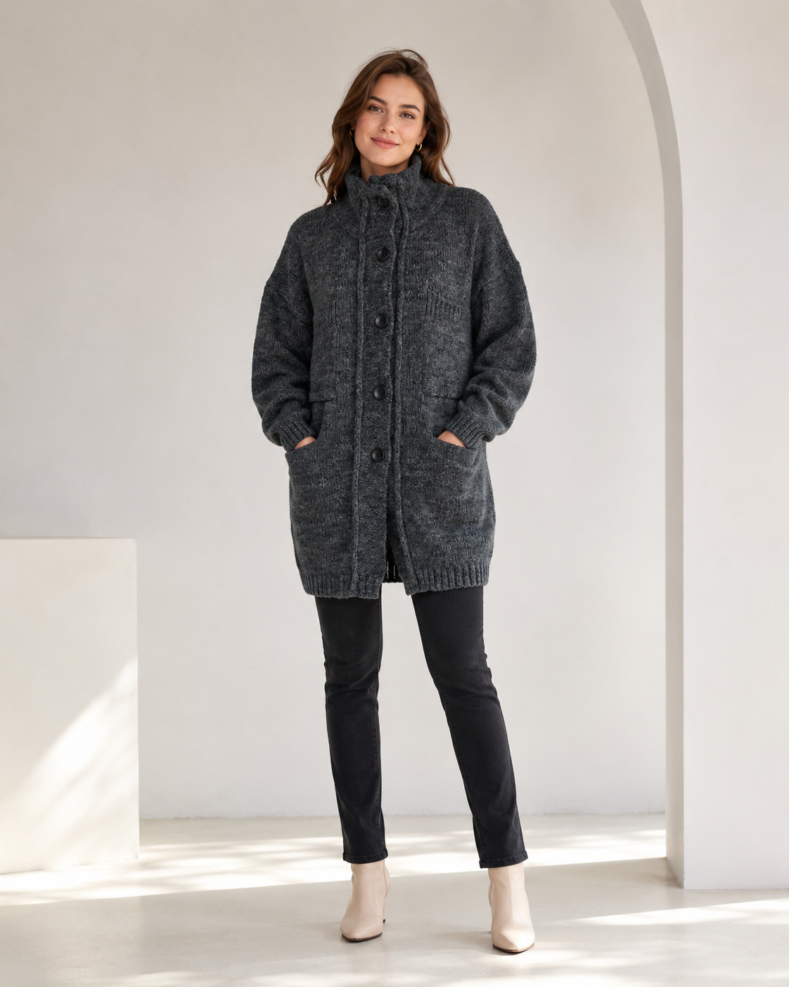 Unisex Wool Blend High Neck Knit Cardigan Sweater Button Front