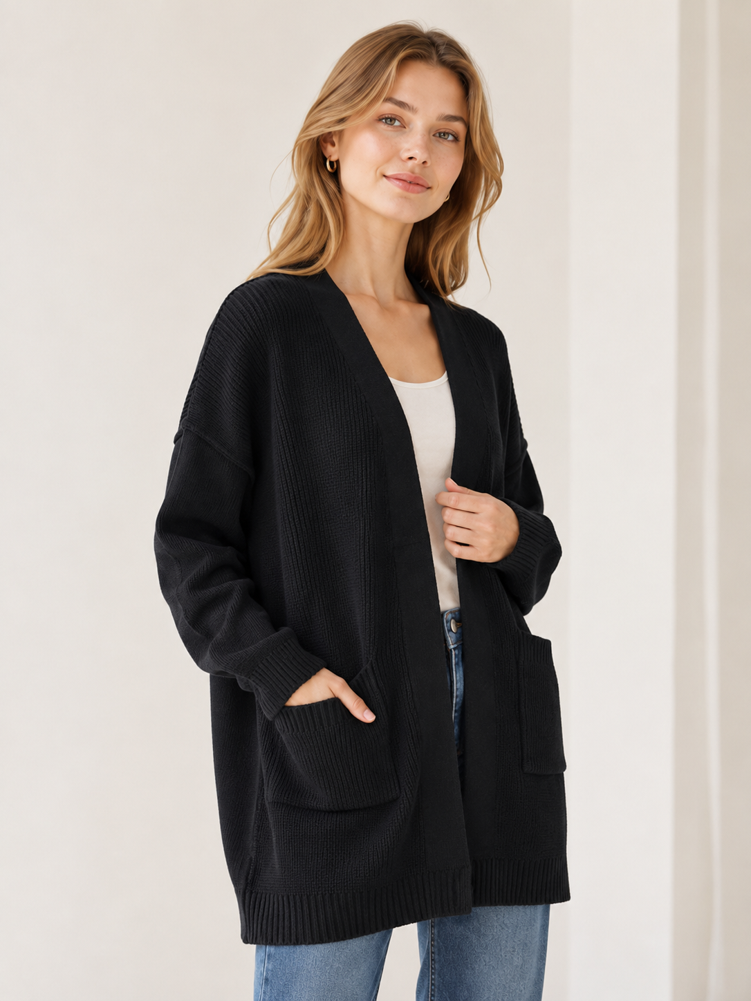 Women's Soft Fuzzy Knit V Neck Open Front Cardigan Sweater Waffle Knitwear