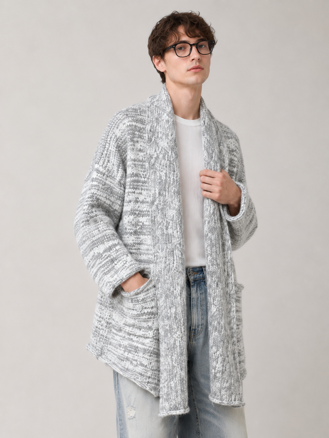 Unisex Wool Cashmere Blend Chunky Knit Cardigan Sweater Oversized Open Front
