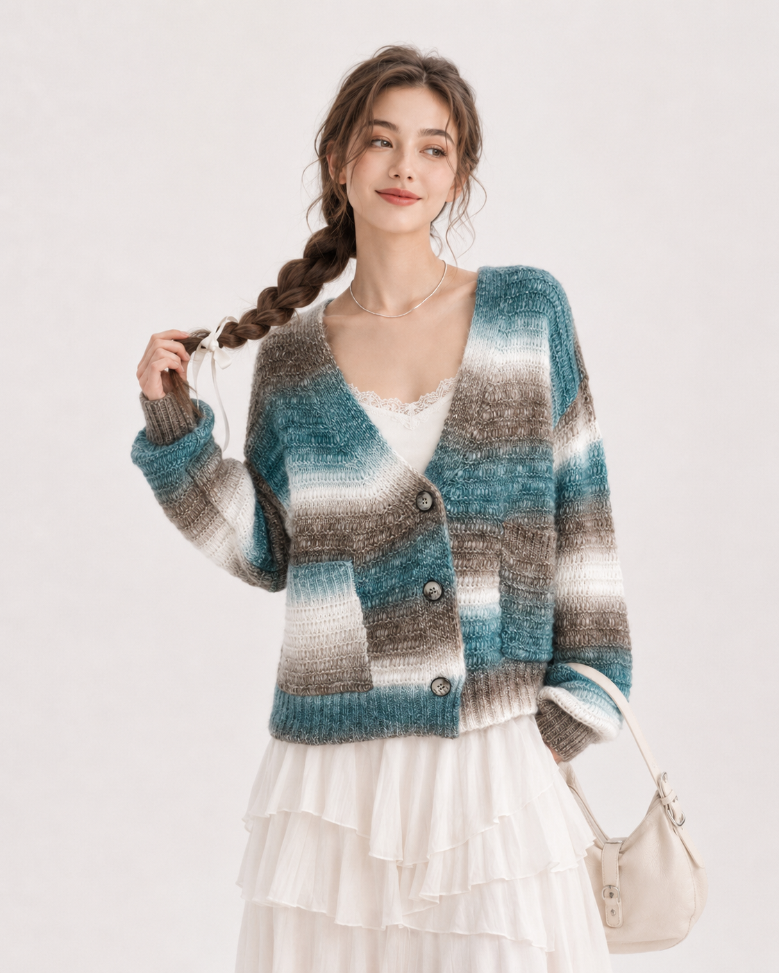Women's Wool Cashmere Blend Gradient Yarn V Neck Short Cardigan Sweater