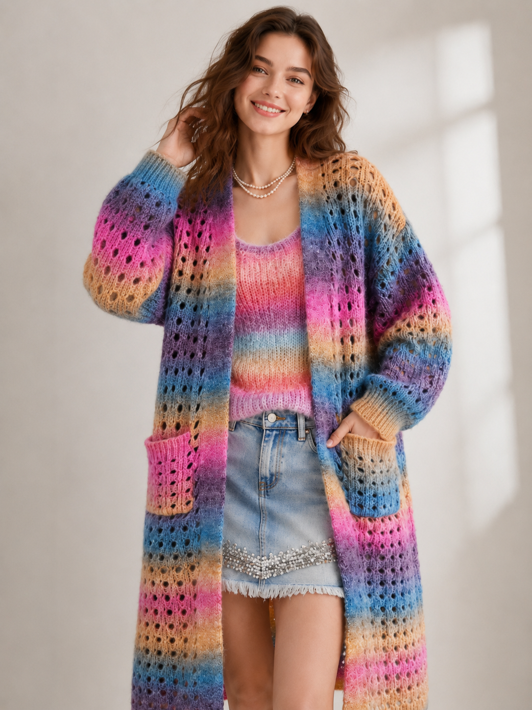 Women's Wool Blend Gradient Yarn Long Open Knit Cardigan Sweater