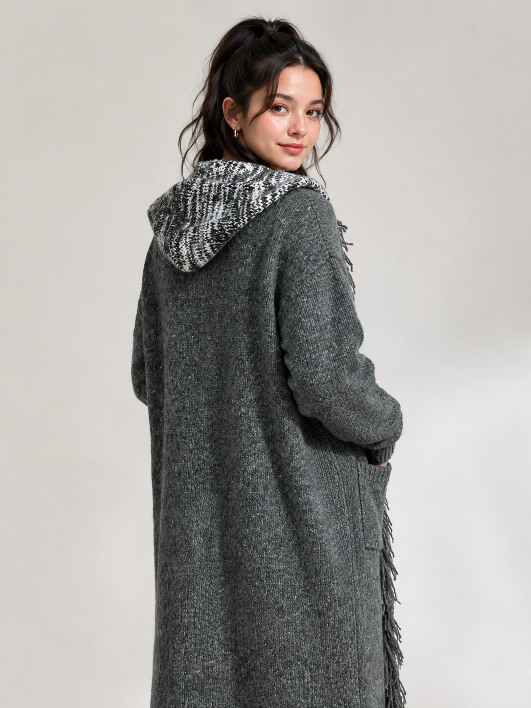 Women's Wool Blend Chunky Knit Hooded Long Cardigan Sweater