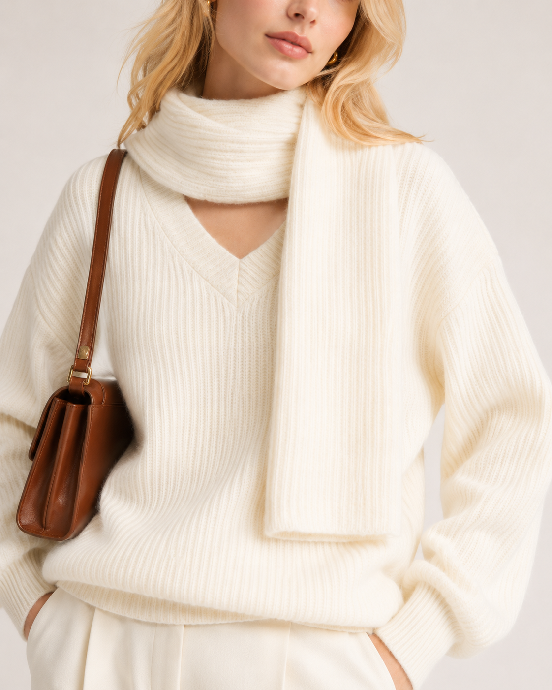 Women's Faux Cashmere V Neck Knit Sweater Set with Scarf