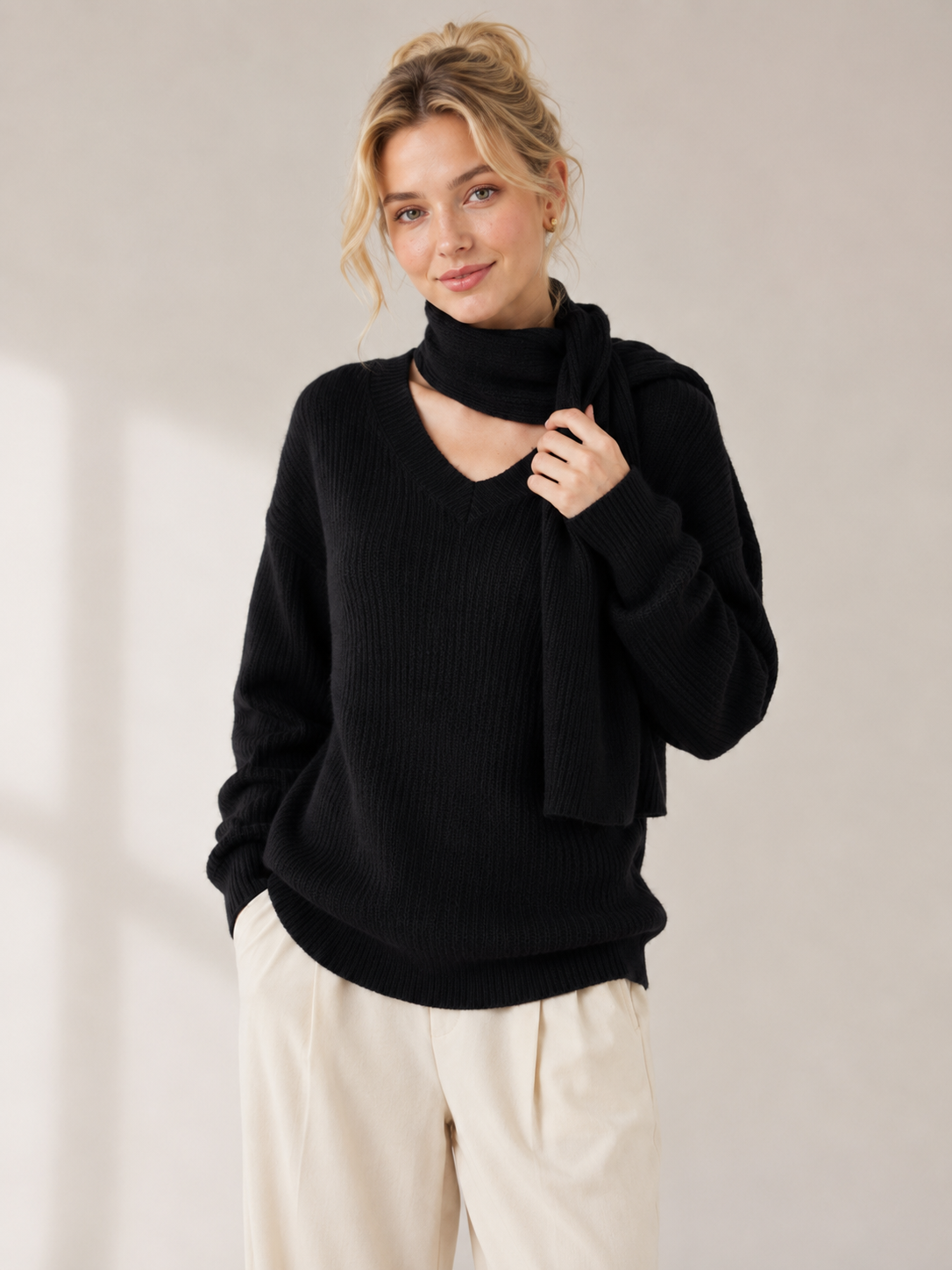 Women's Faux Cashmere V Neck Knit Sweater Set with Scarf
