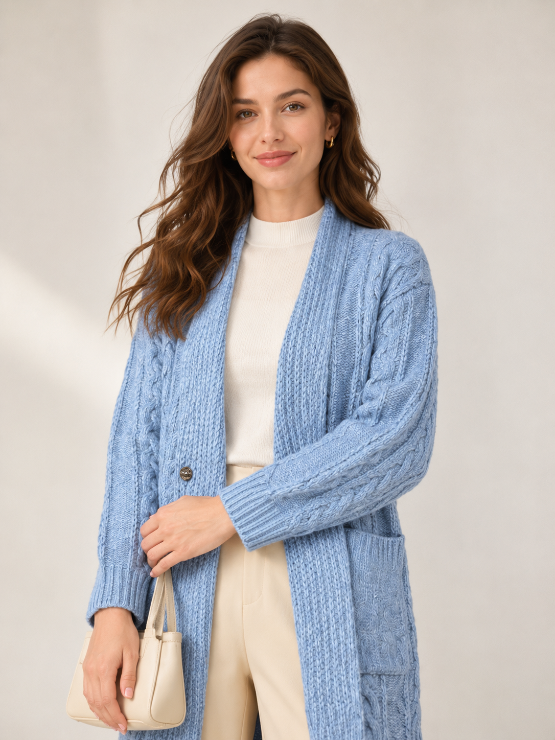 Women's Wool Blend Long Cable Knit Cardigan Sweater