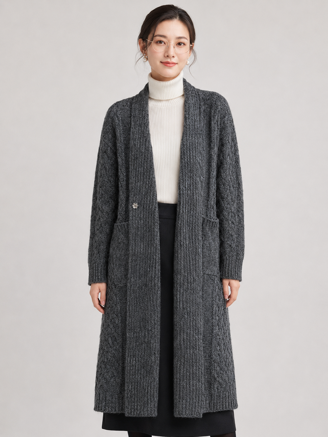 Women's Wool Blend Long Cable Knit Cardigan Sweater