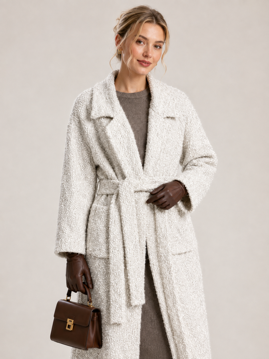 Women's Wool Blend Boucle Long Knit Coat Cardigan