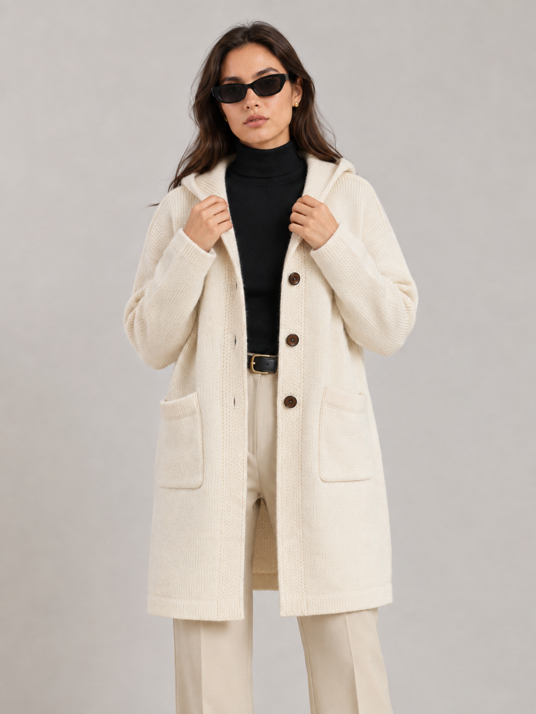 Women's Wool Blend Hooded Long Cardigan Coat with Wooden Buttons