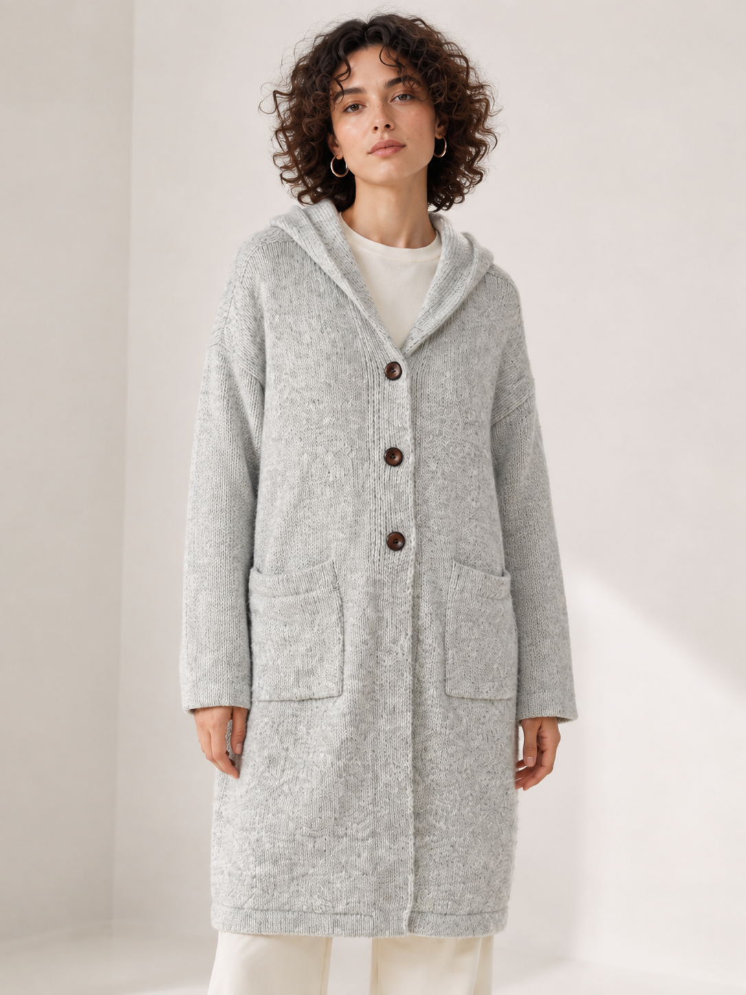 Women's Wool Blend Hooded Long Cardigan Coat with Wooden Buttons