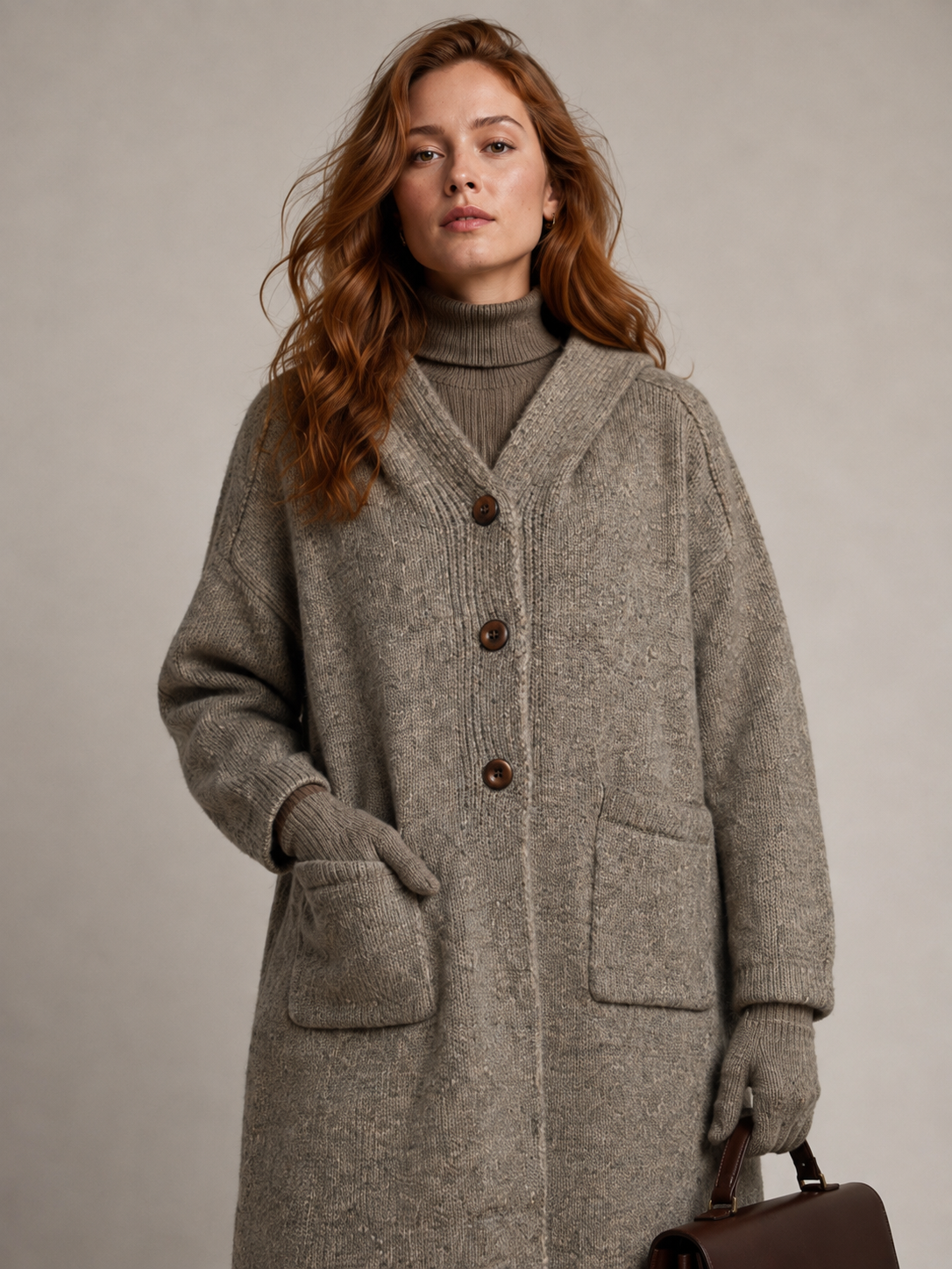 Women's Wool Blend Hooded Long Cardigan Coat with Wooden Buttons