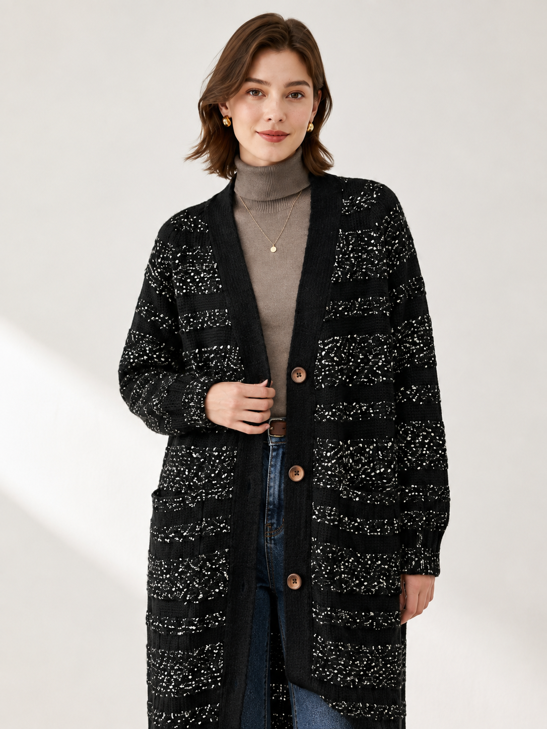 Women's Long Wool Blend Cardigan Coat with V Neck Wooden Buttons