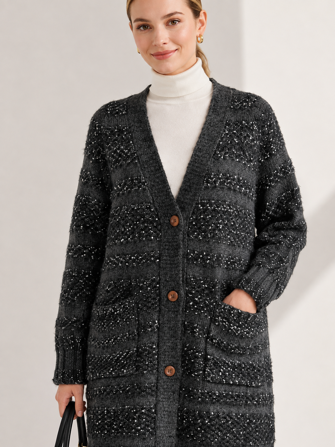 Women's Long Wool Blend Cardigan Coat with V Neck Wooden Buttons