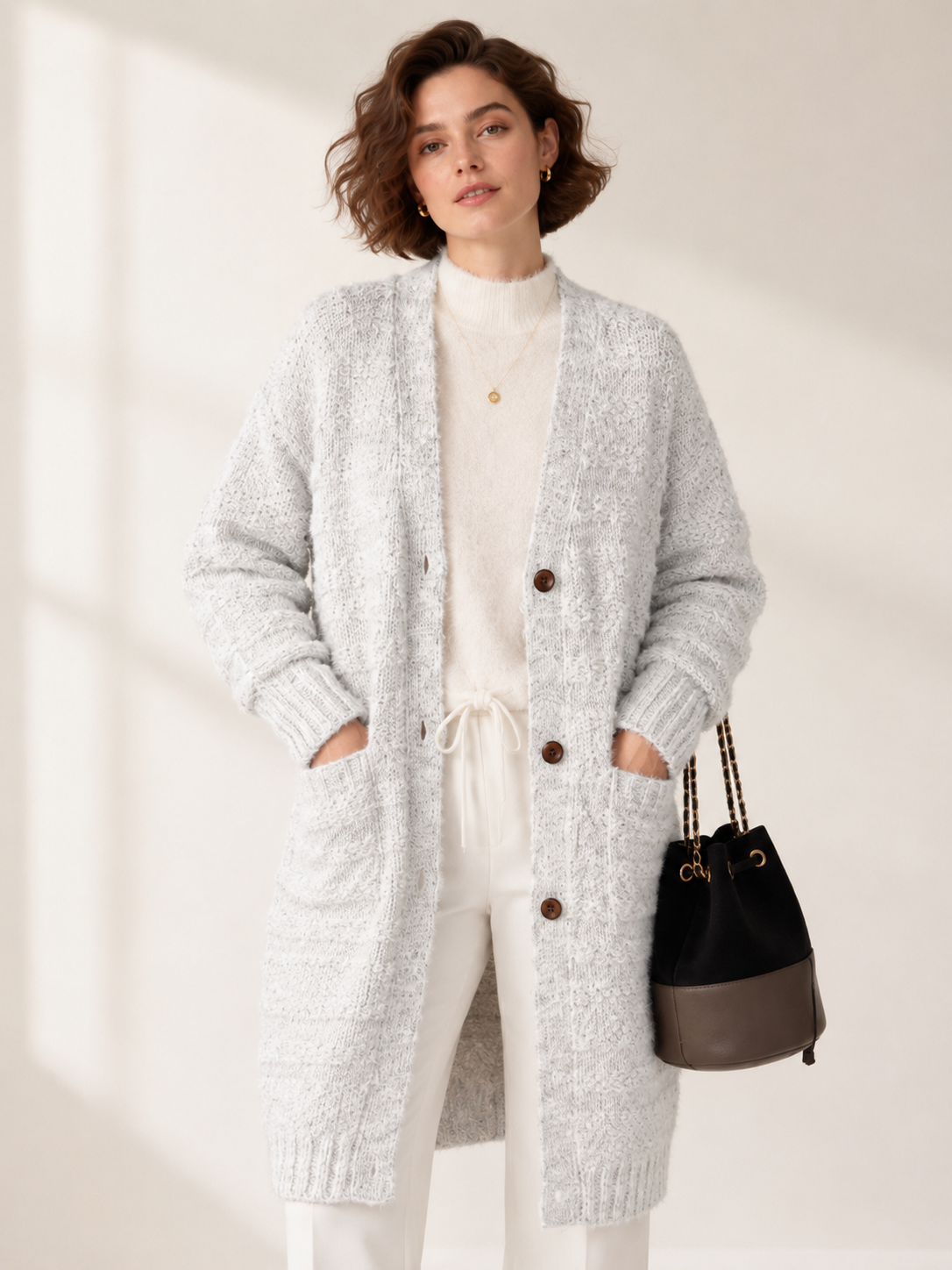 Women's Long Wool Blend Cardigan Coat with V Neck Wooden Buttons