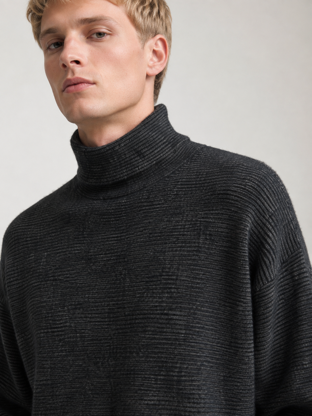 Men's Faux Mink Turtleneck Sweater with Horizontal Stripe Knit
