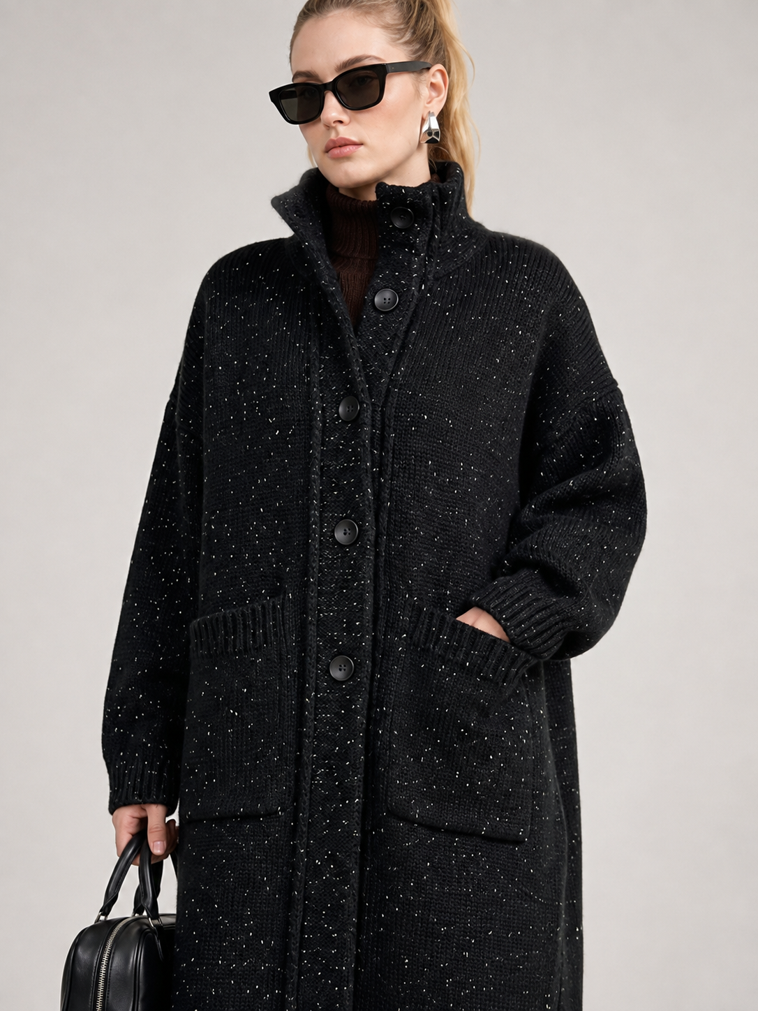 Women's Wool Blend Long Knit Cardigan Coat with Stand Collar & Multi Buttons
