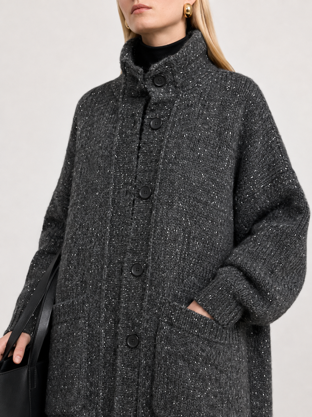 Women's Wool Blend Long Knit Cardigan Coat with Stand Collar & Multi Buttons
