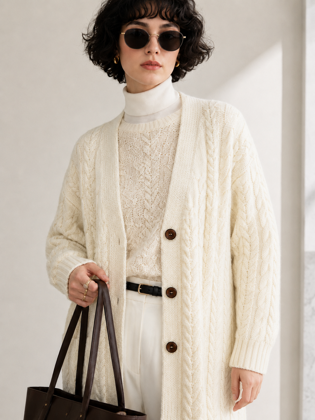 Women's Wool Blend Long Cable Knit Cardigan Coat with V Neck & Wooden Buttons
