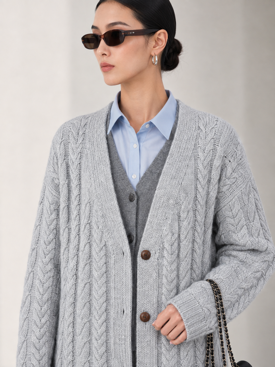 Women's Wool Blend Long Cable Knit Cardigan Coat with V Neck & Wooden Buttons