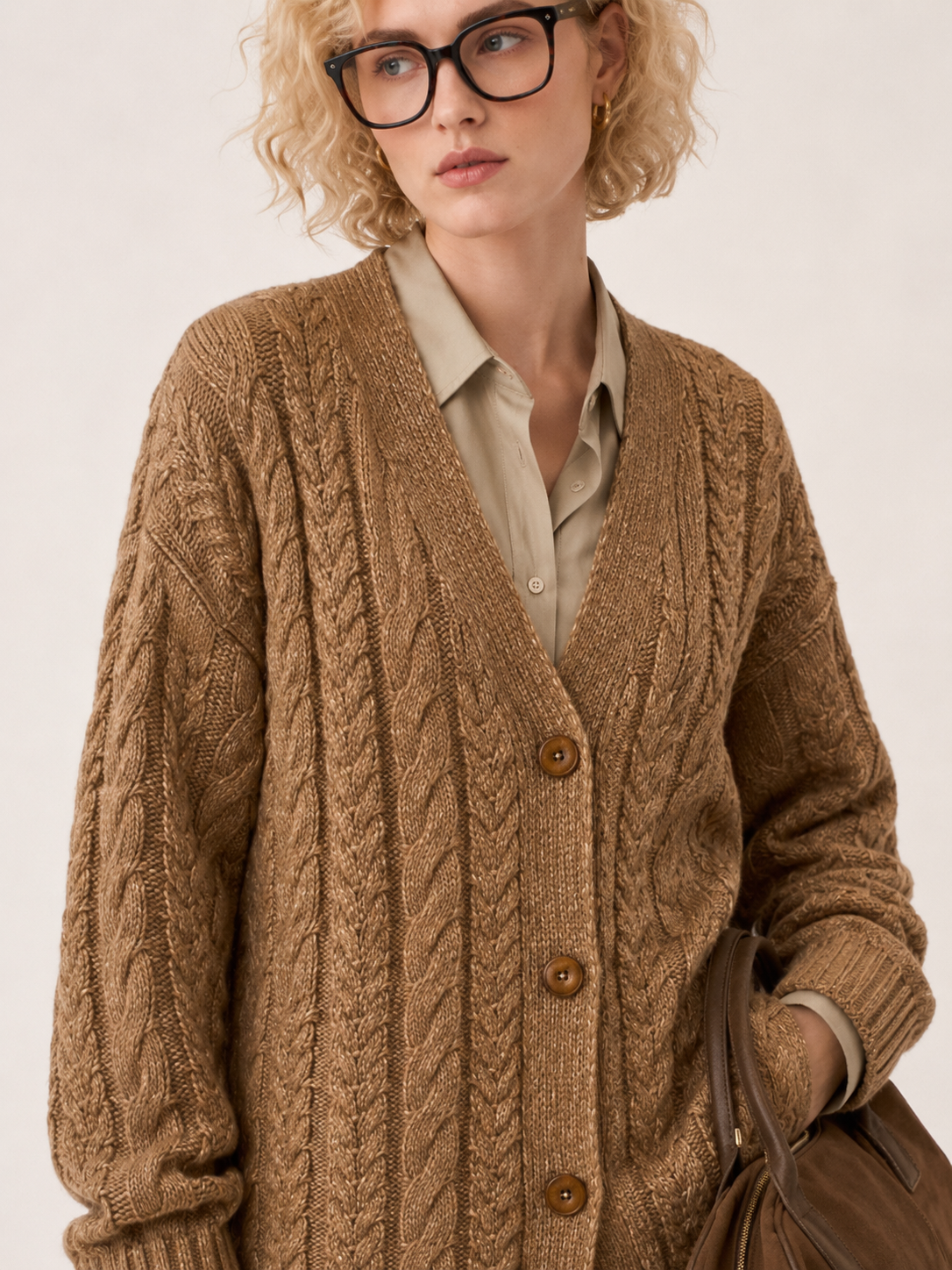 Women's Wool Blend Long Cable Knit Cardigan Coat with V Neck & Wooden Buttons