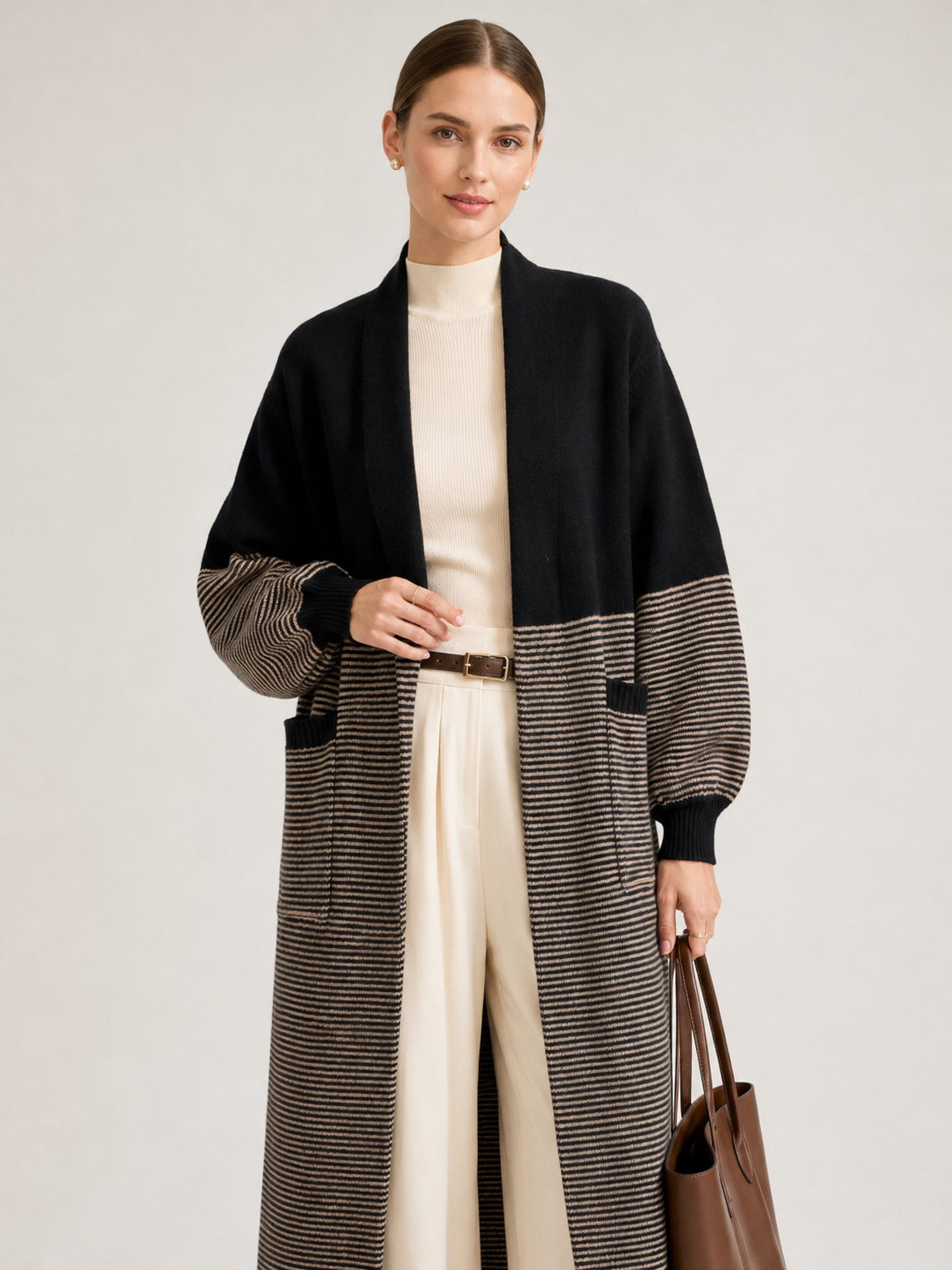 Women's Wool Blend Long Cardigan Coat with Contrast Stripes
