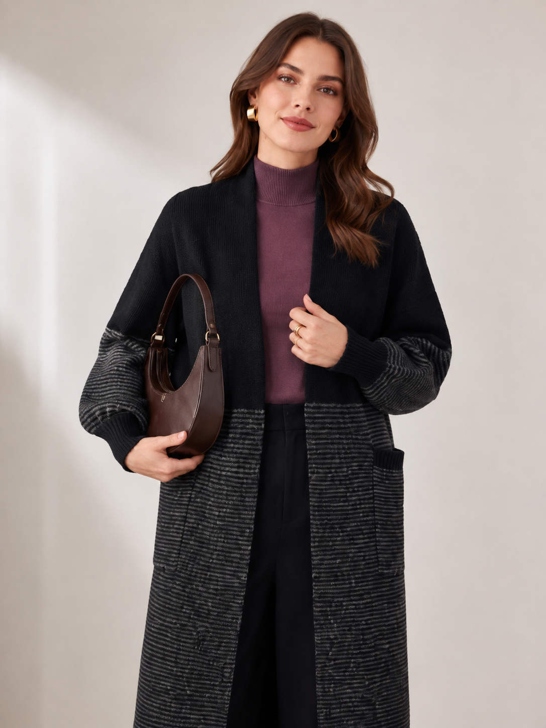 Women's Wool Blend Long Cardigan Coat with Contrast Stripes