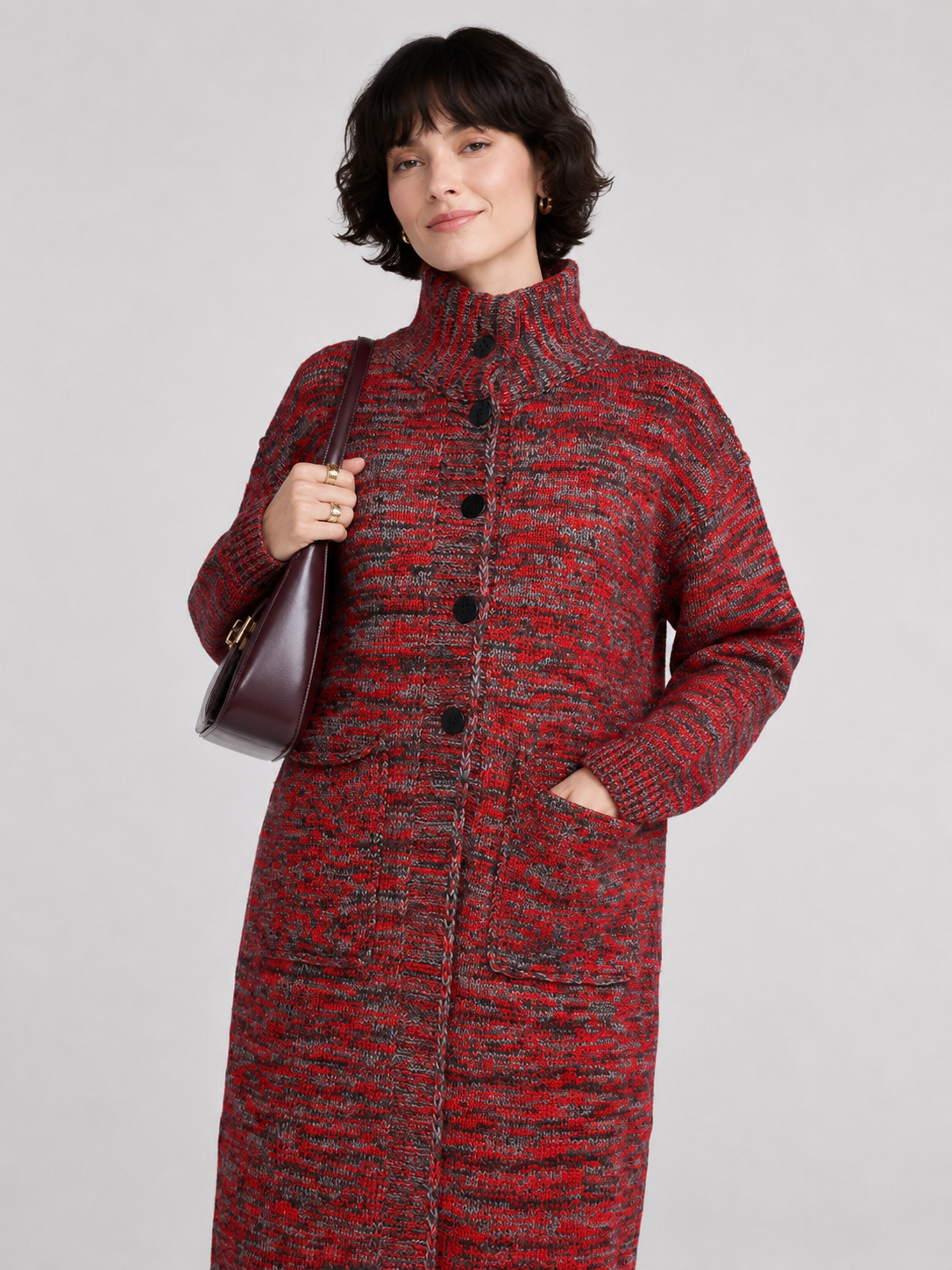 Women's Wool Blend High Neck Long Knit Coat Cardigan with Multi Buttons