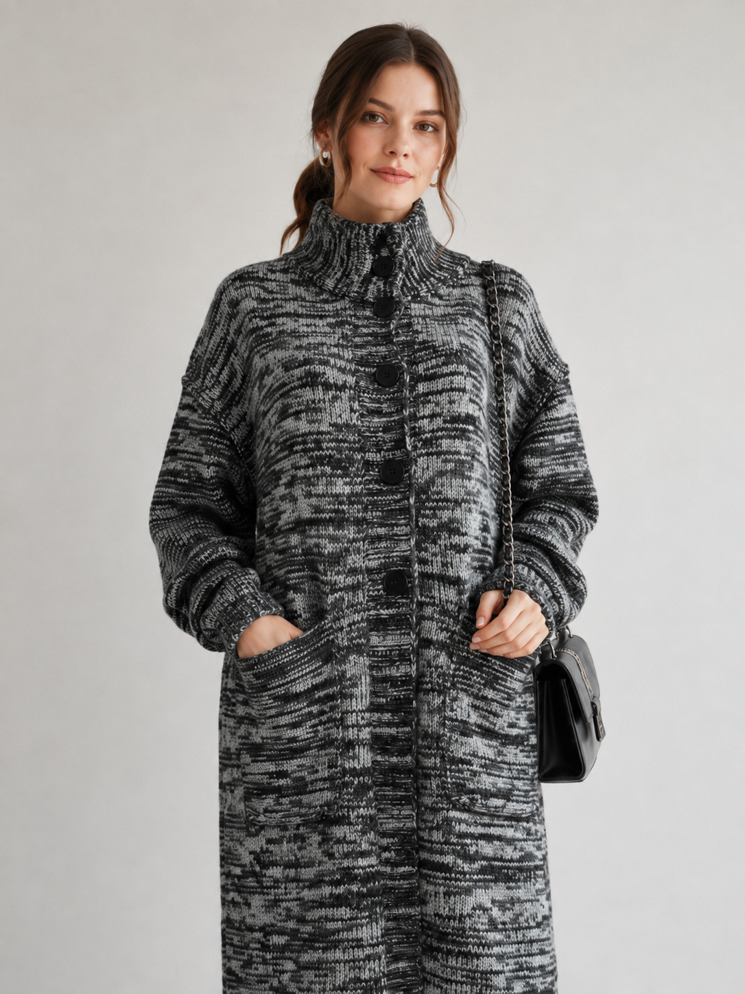 Women's Wool Blend High Neck Long Knit Coat Cardigan with Multi Buttons