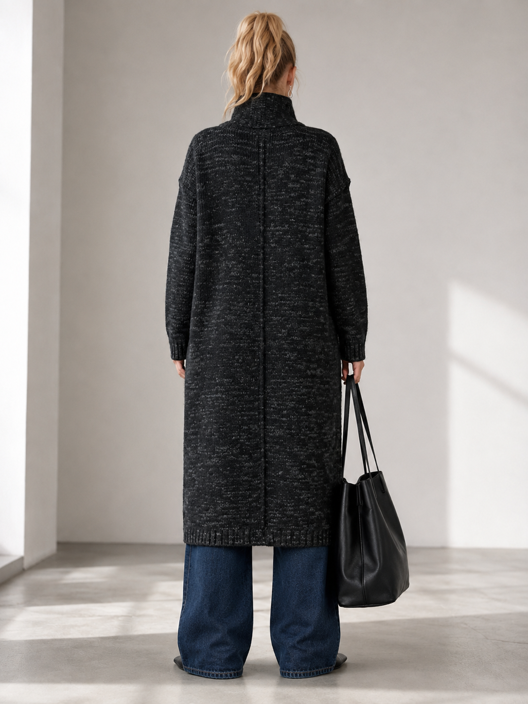 Women's Wool Blend High Neck Long Knit Coat Cardigan with Multi Buttons