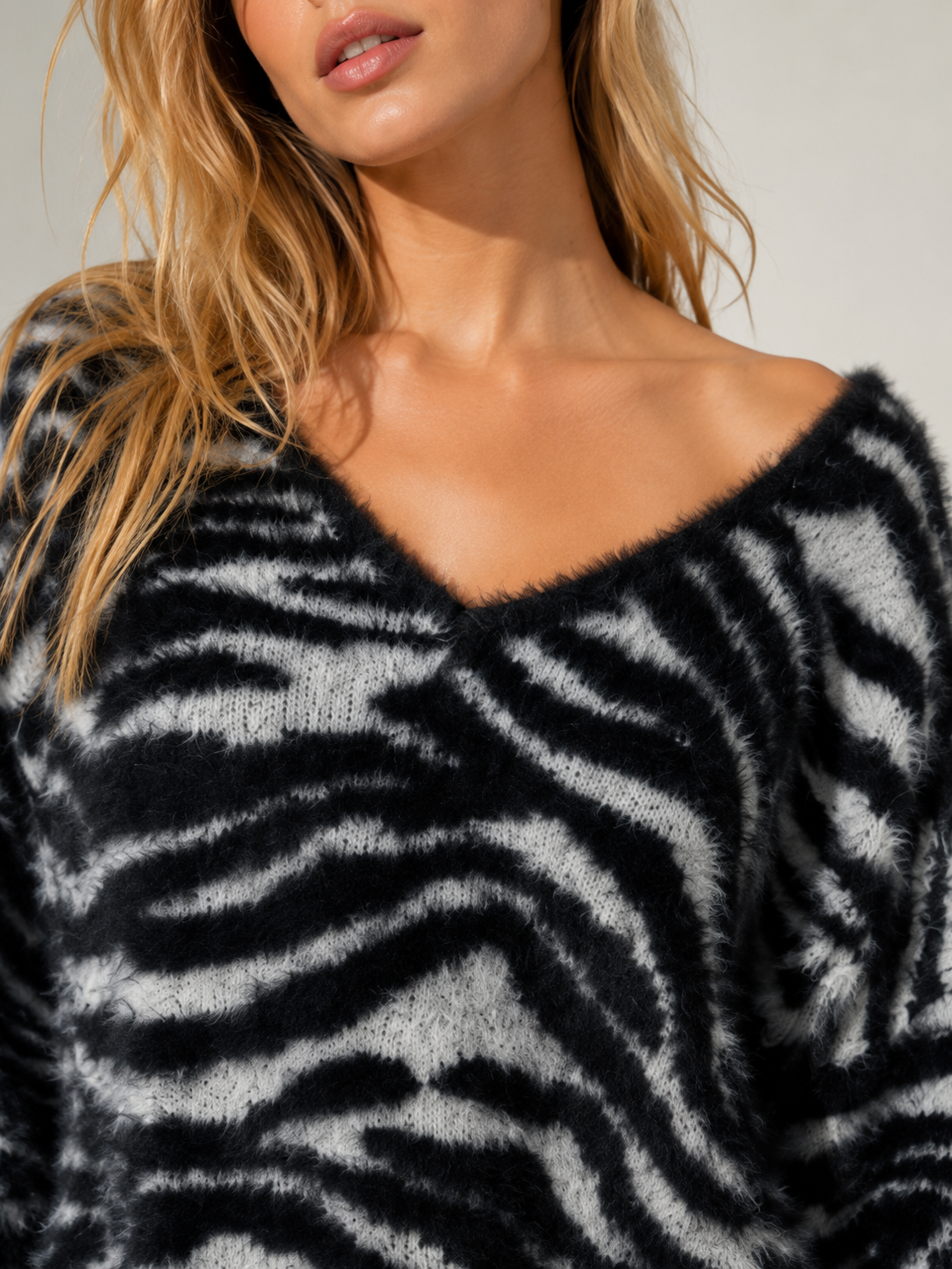 Women's Zebra Print Fuzzy Knit Sweater V Neck Off Shoulder Pullover | Soft Stretch Knitwear Wholesale Factory