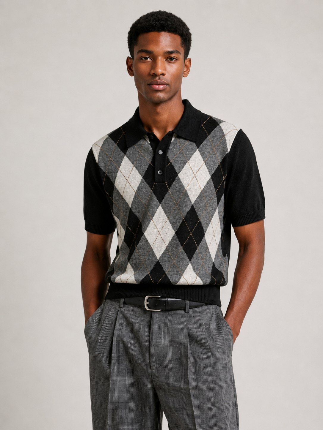 Wool Blend Polo Knit Shirt Argyle Diamond Jacquard Short Sleeve Retro Top