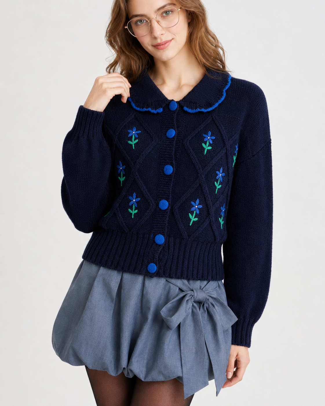 Women’s Jacquard Knit Cardigan Vintage Doll Collar Sweater