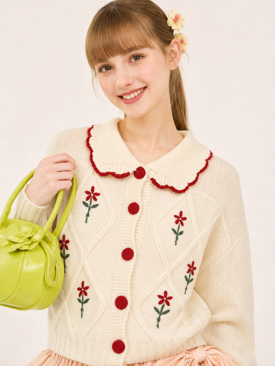Women’s Jacquard Knit Cardigan Vintage Doll Collar Sweater