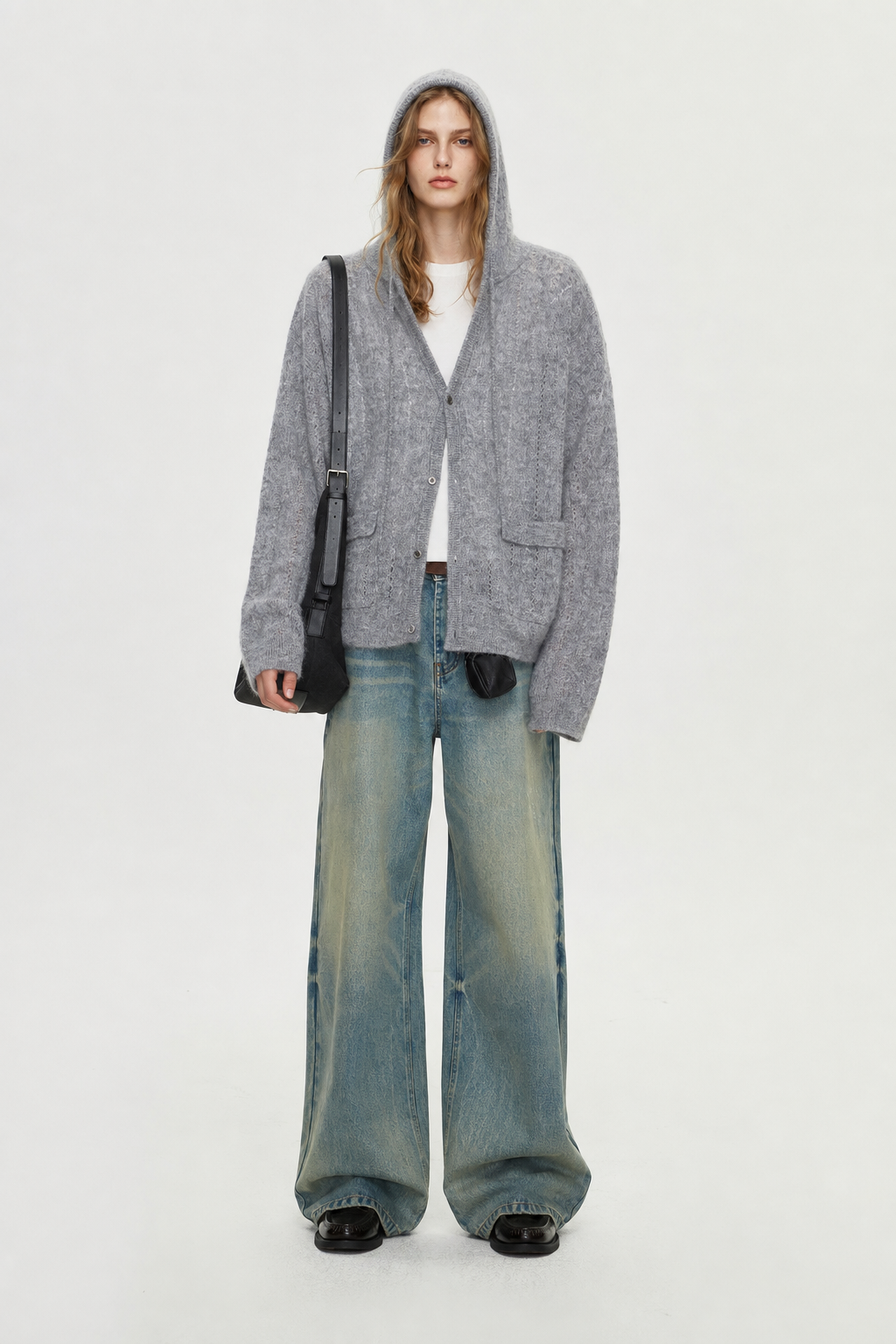 Baby Mohair Wool Blend Hoodie Sweater Cable Knit Cardigan