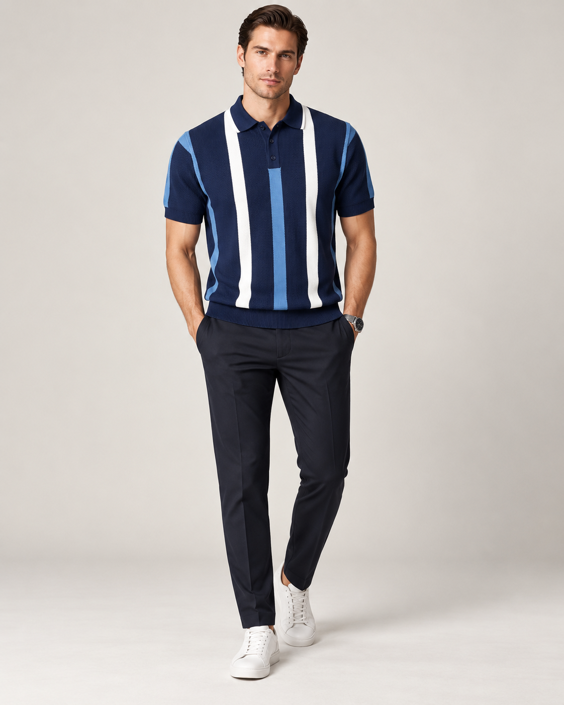 Men’s Old-Money Style Striped Honeycomb Polo Shirt