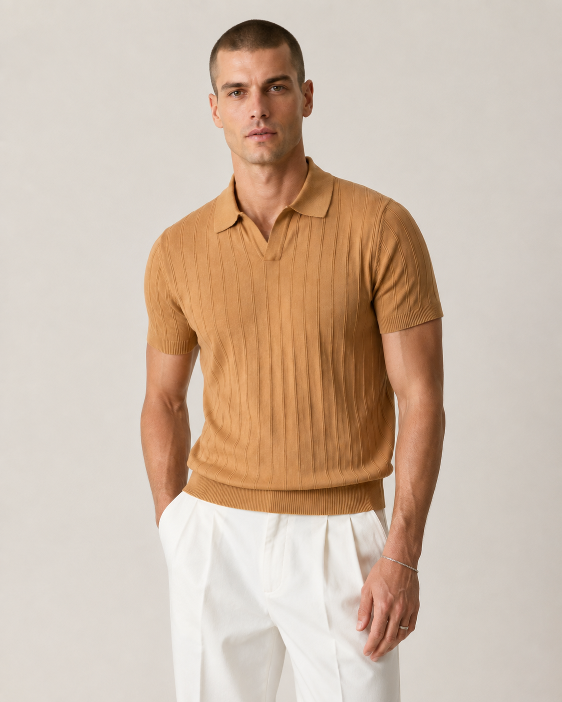 Men’s Ribbed Knit Polo Shirt V-Neck Short Sleeve Top