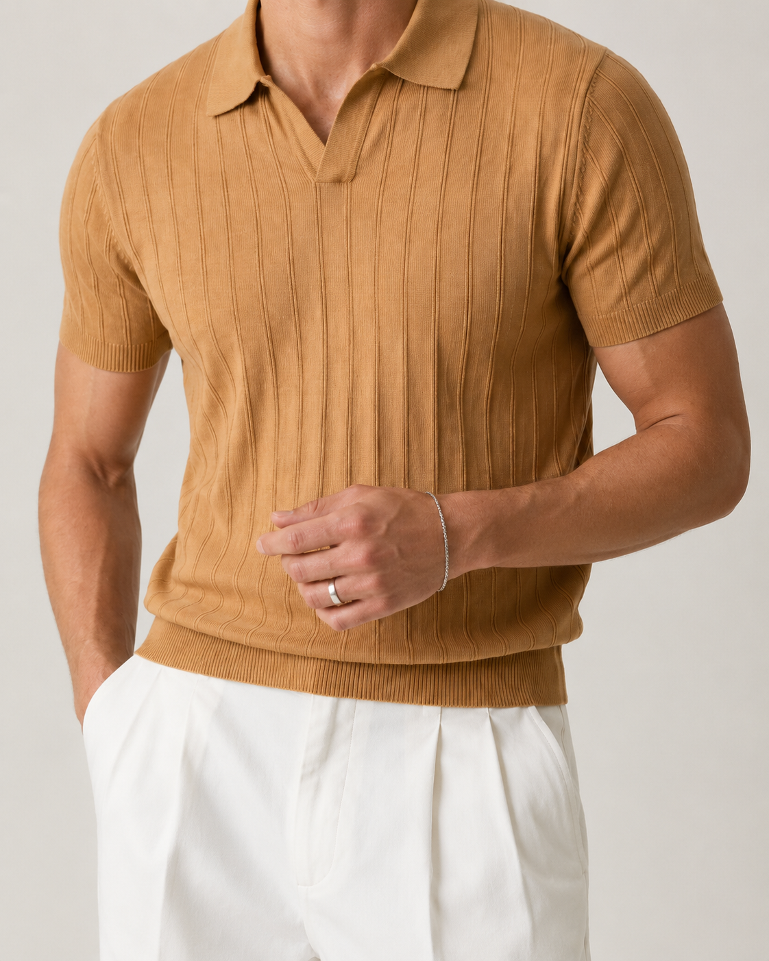 Men’s Ribbed Knit Polo Shirt V-Neck Short Sleeve Top