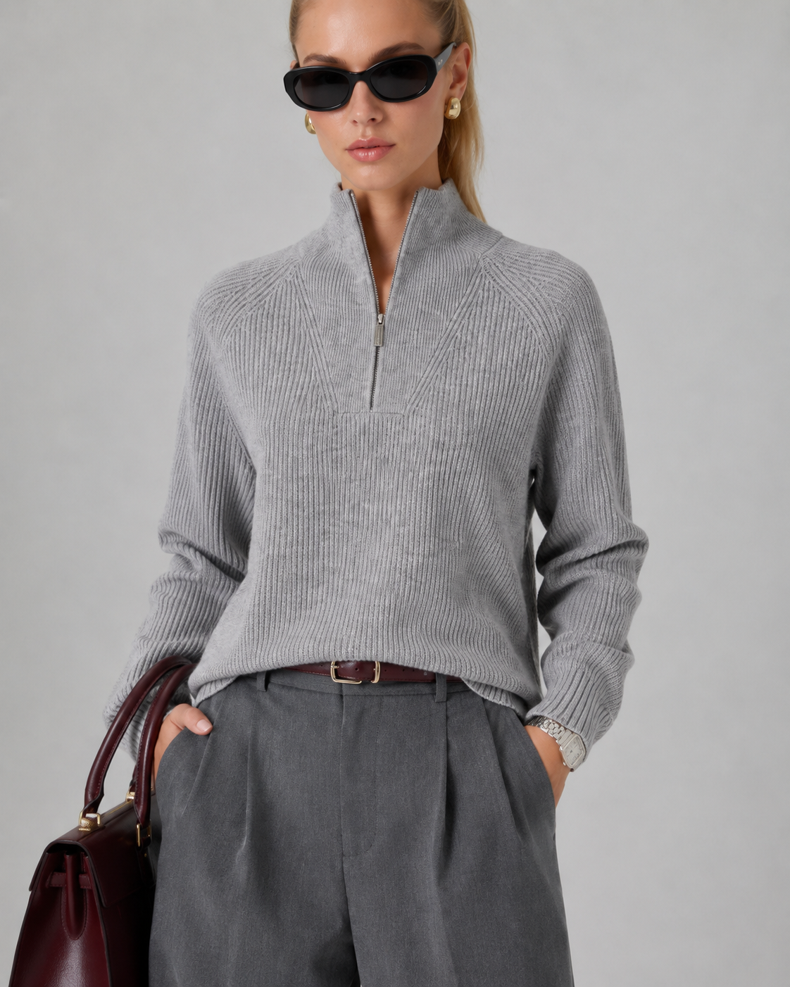 Unisex Wool Blend Half-Zip Stand Collar Sweater