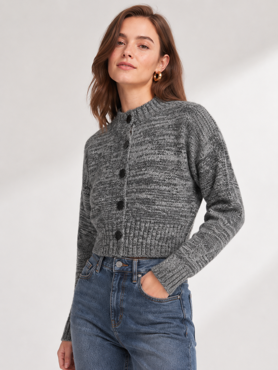 Women's Wool Blend Short Cardigan Sweater Crew Neck Button Knitwear