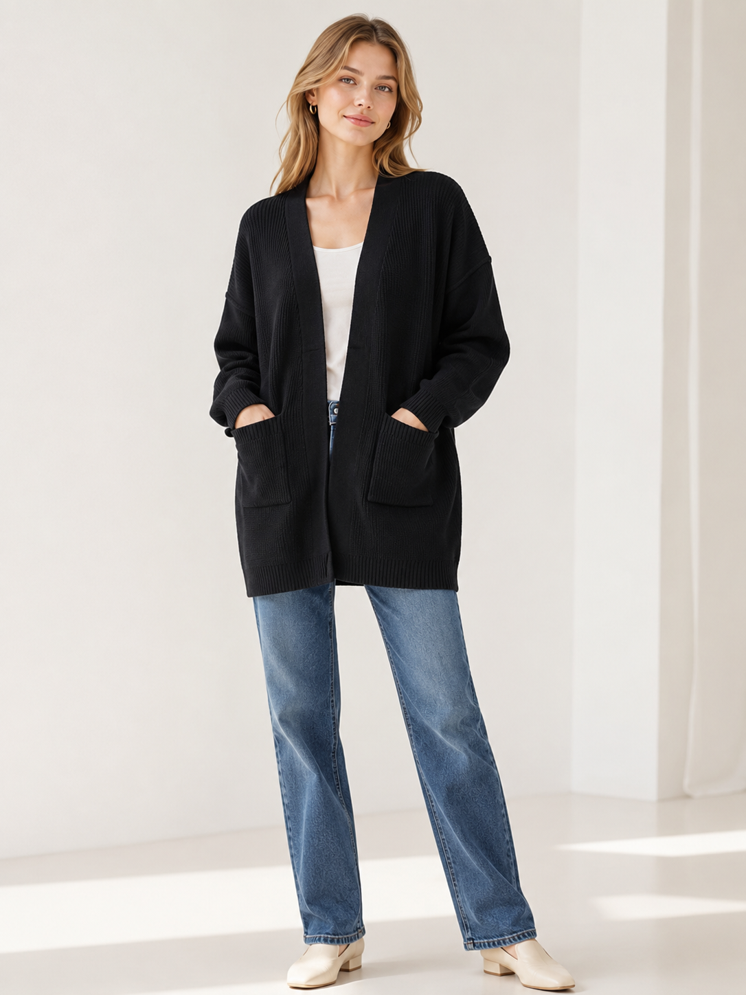 Women's Soft Fuzzy Knit V Neck Open Front Cardigan Sweater Waffle Knitwear