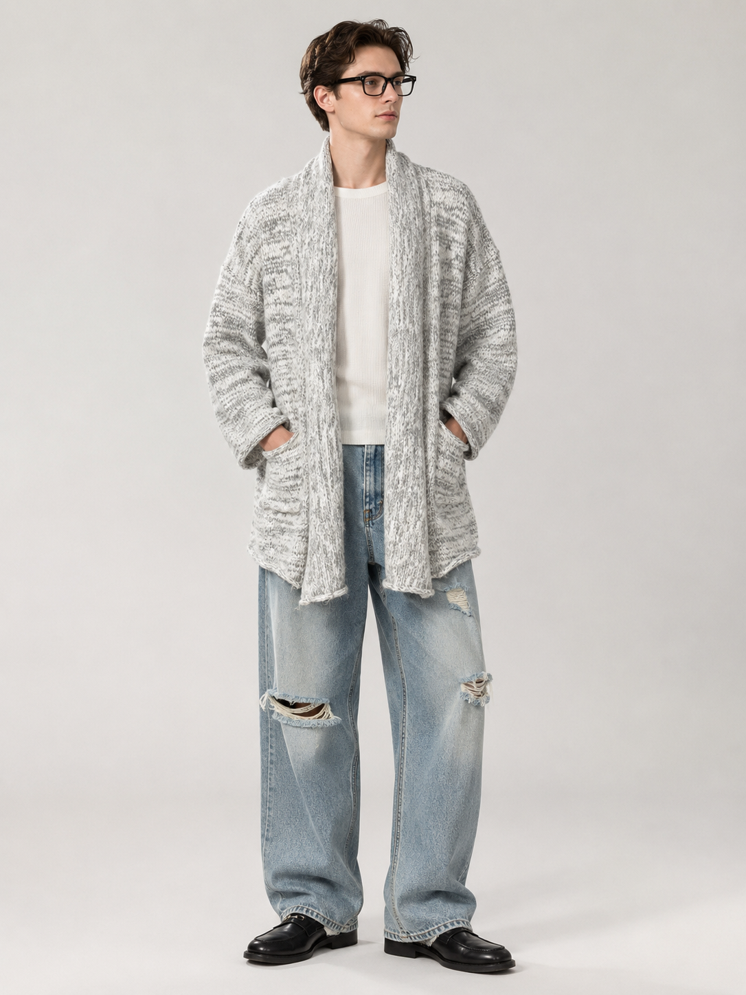 Unisex Wool Cashmere Blend Chunky Knit Cardigan Sweater Oversized Open Front
