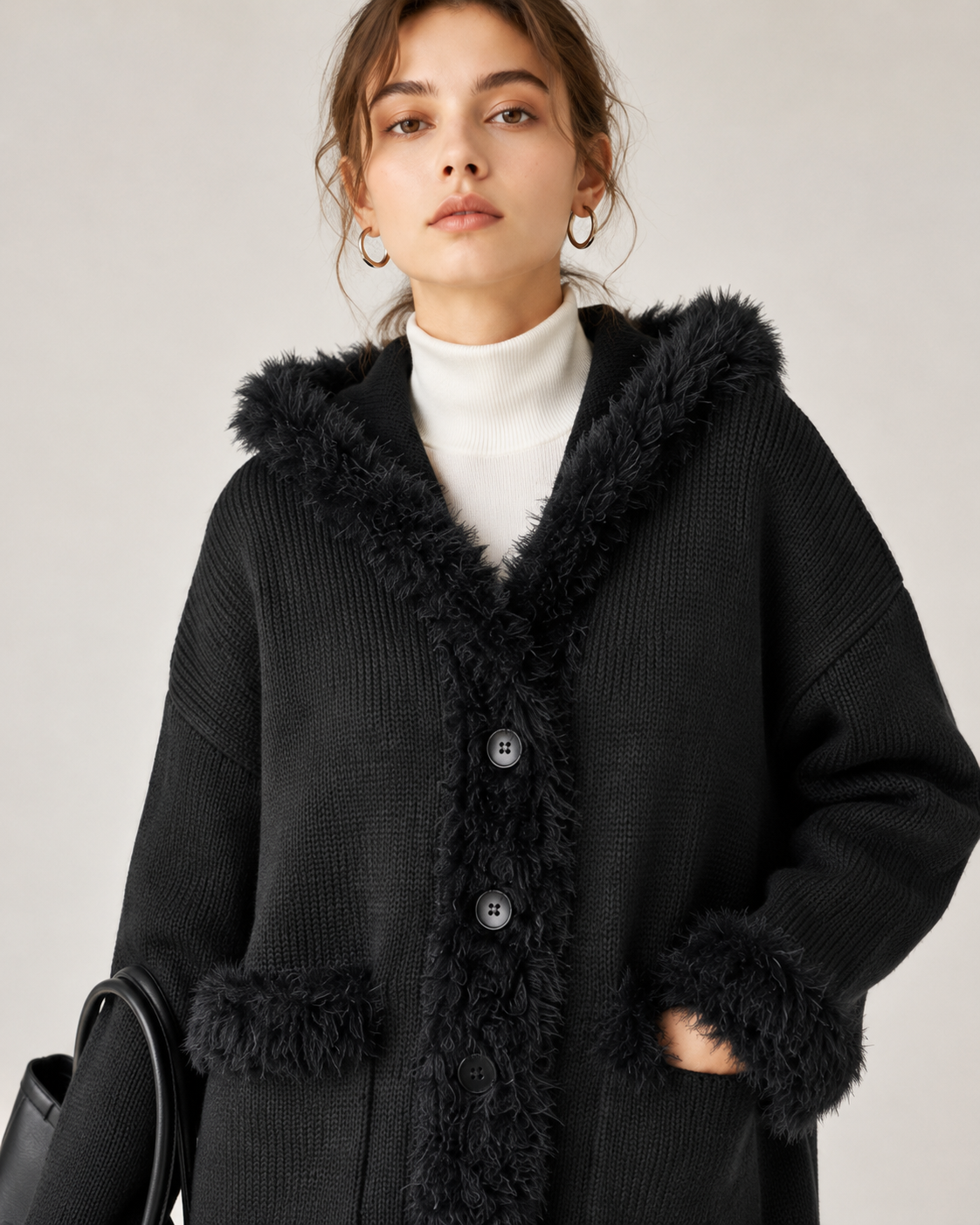Women's Wool Blend Waffle Knit Hooded Cardigan Sweater with Faux Mink Trim