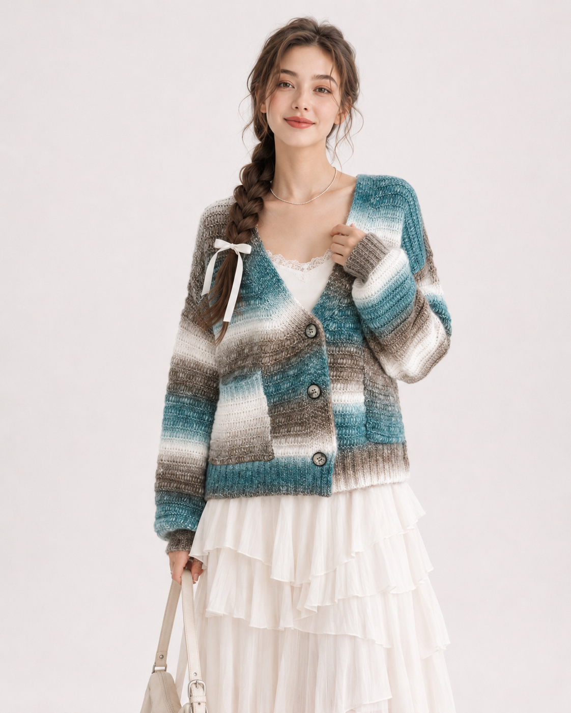 Women's Wool Cashmere Blend Gradient Yarn V Neck Short Cardigan Sweater