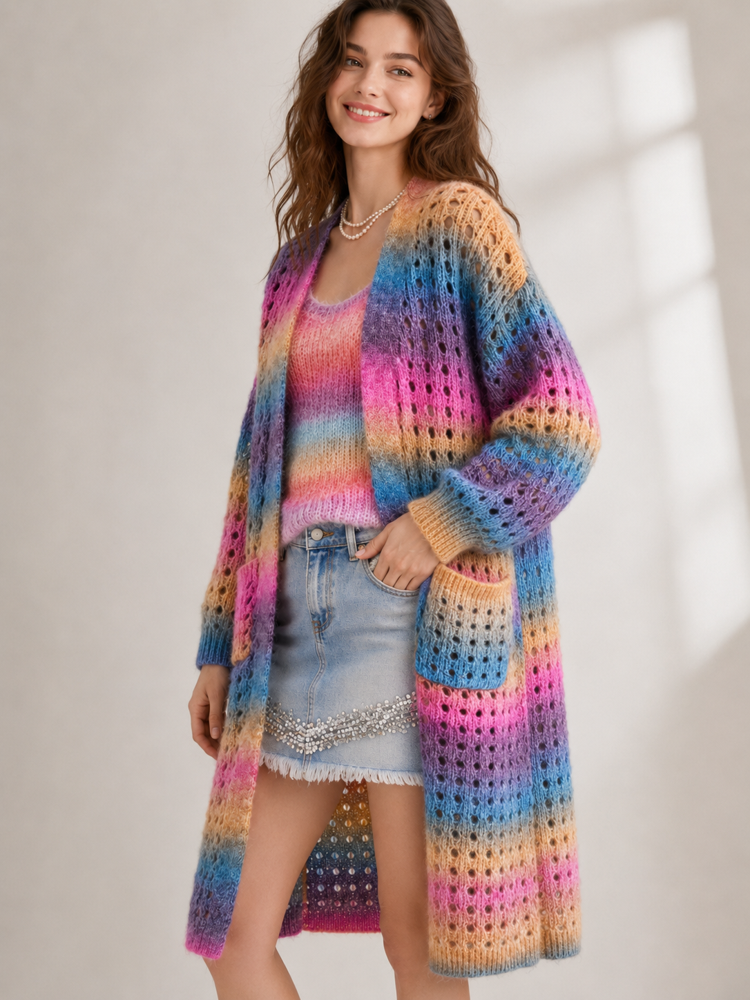 Women's Wool Blend Gradient Yarn Long Open Knit Cardigan Sweater