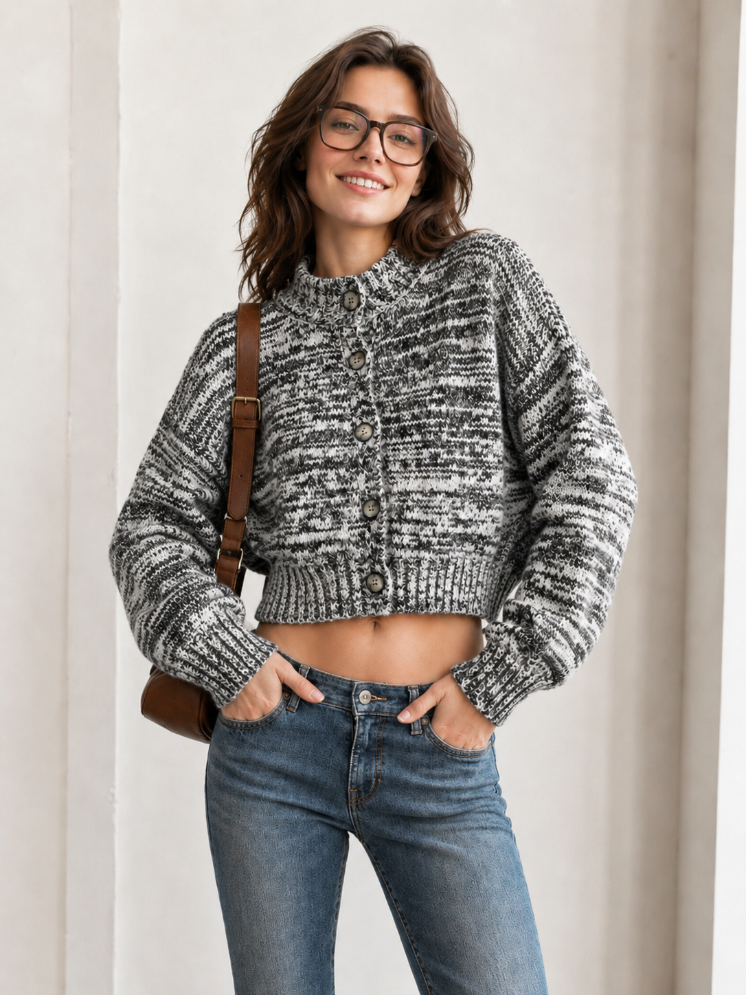 Women's Wool Blend Chunky Knit Crew Neck Short Cardigan Sweater