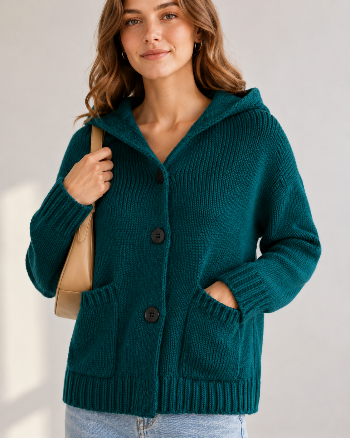 Women's Wool Blend Chunky Knit Hooded Short Cardigan Sweater