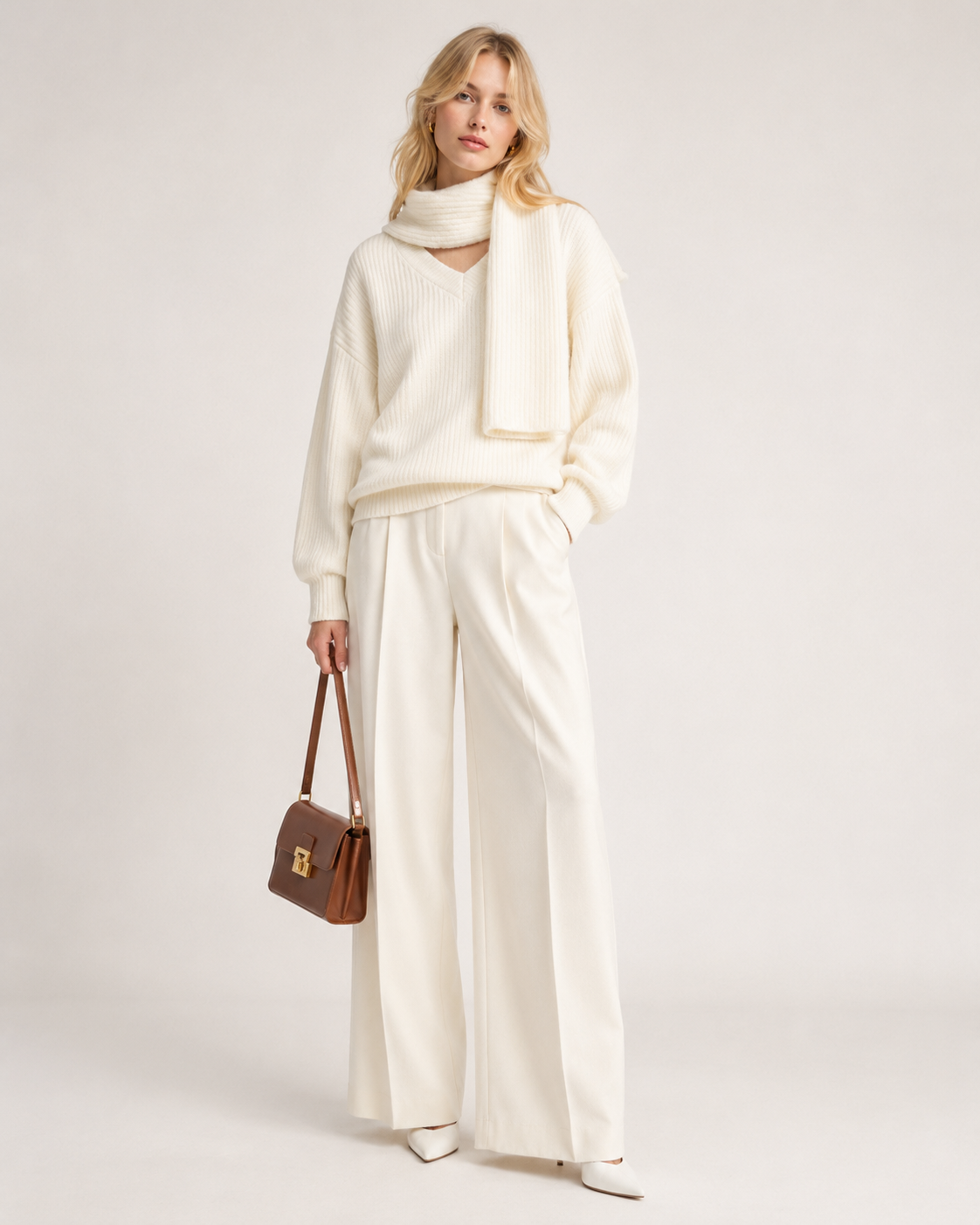 Women's Faux Cashmere V Neck Knit Sweater Set with Scarf