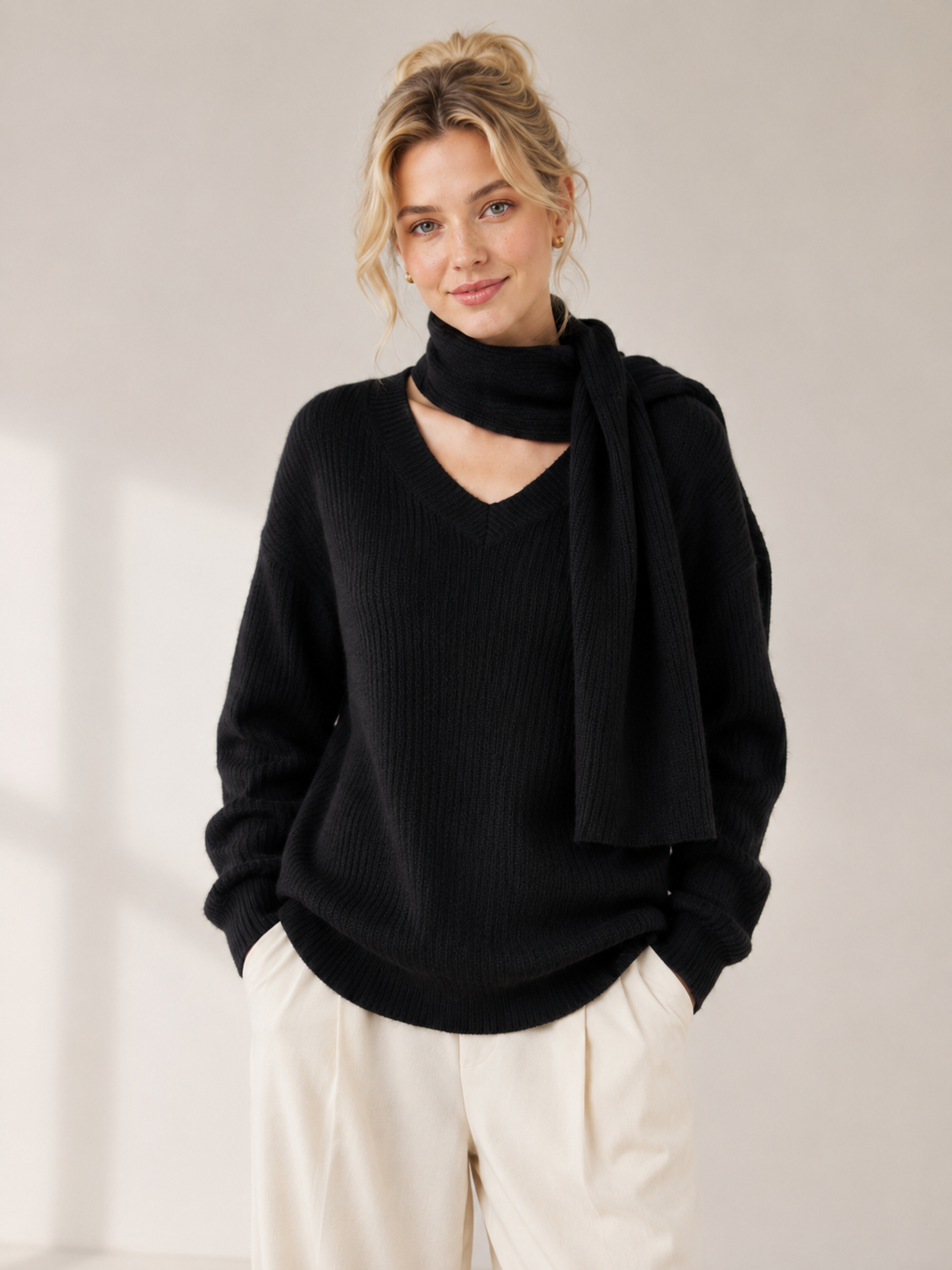 Women's Faux Cashmere V Neck Knit Sweater Set with Scarf